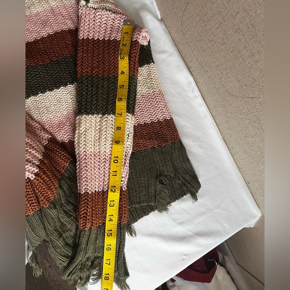 Wonderly Distressed Striped V-Neck Sweater - Olive, Pink, Brown - Picture 6 of 7